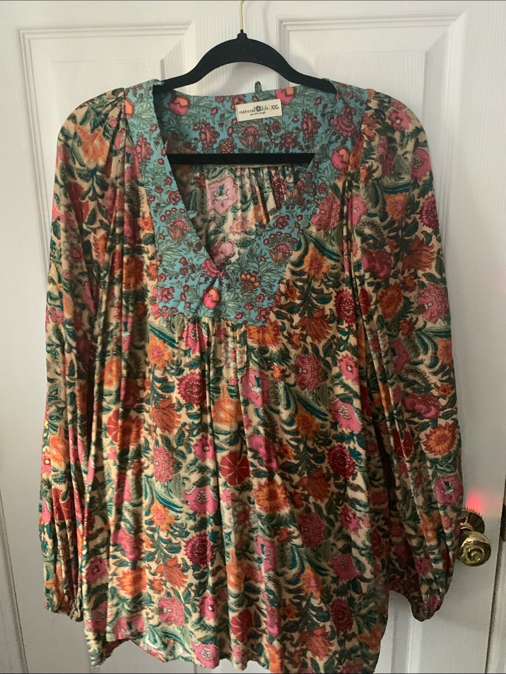 NATURAL LIFE Floral Pattern Teal Pink Orange Top XXL